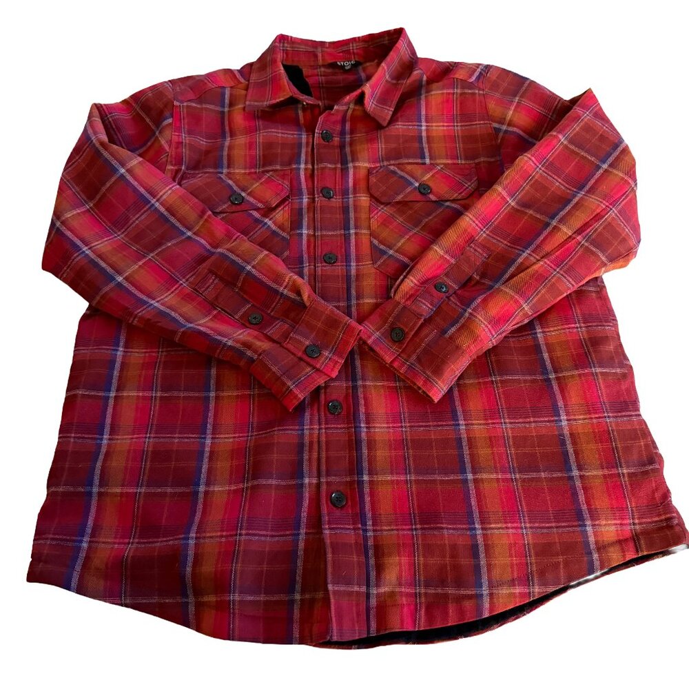 Stoic Men's XL Red Plaid Velour Lines Long Sleeve Button Down Shacket